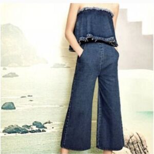 JOA Los Angeles Strapless Denim Cropped Wide Leg Jumpsuit With Frayed Hem